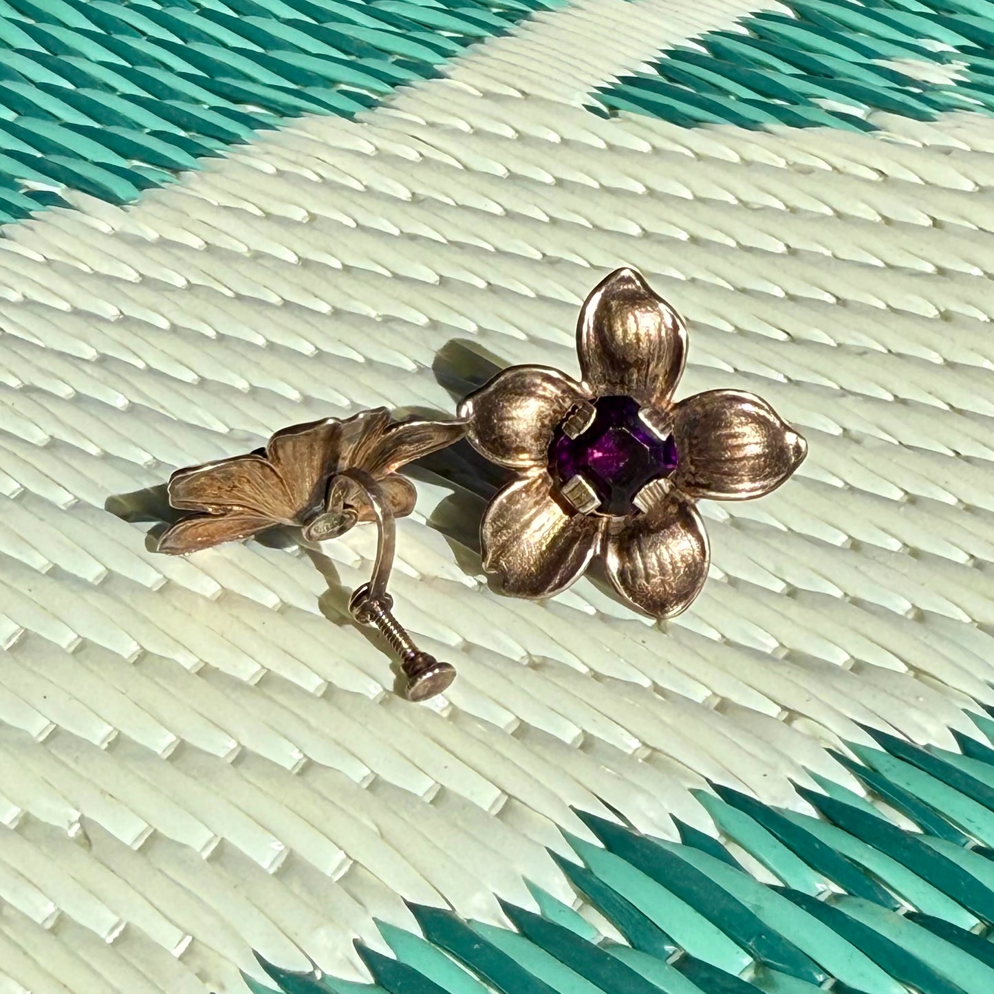 Vintage 1940's Art Deco Gold Washed Sterling Silver Floral Amethyst Earrings