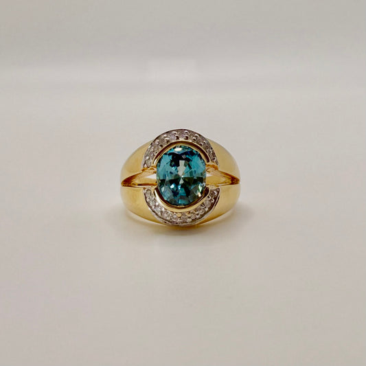 Stunning Blue Zircon & Diamond Halo Ring in 10K Two-Tone Gold