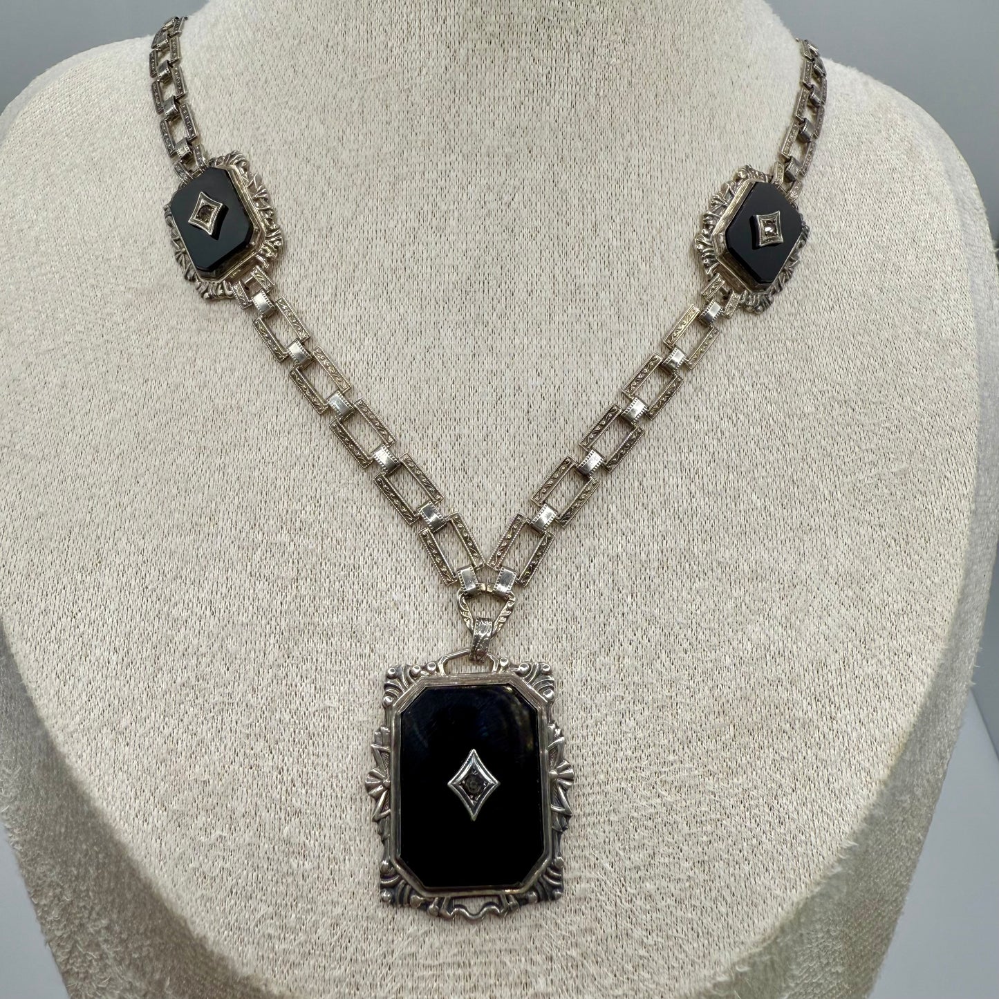 Vintage 1920's Art Deco Sterling, Onyx and Diamond Set