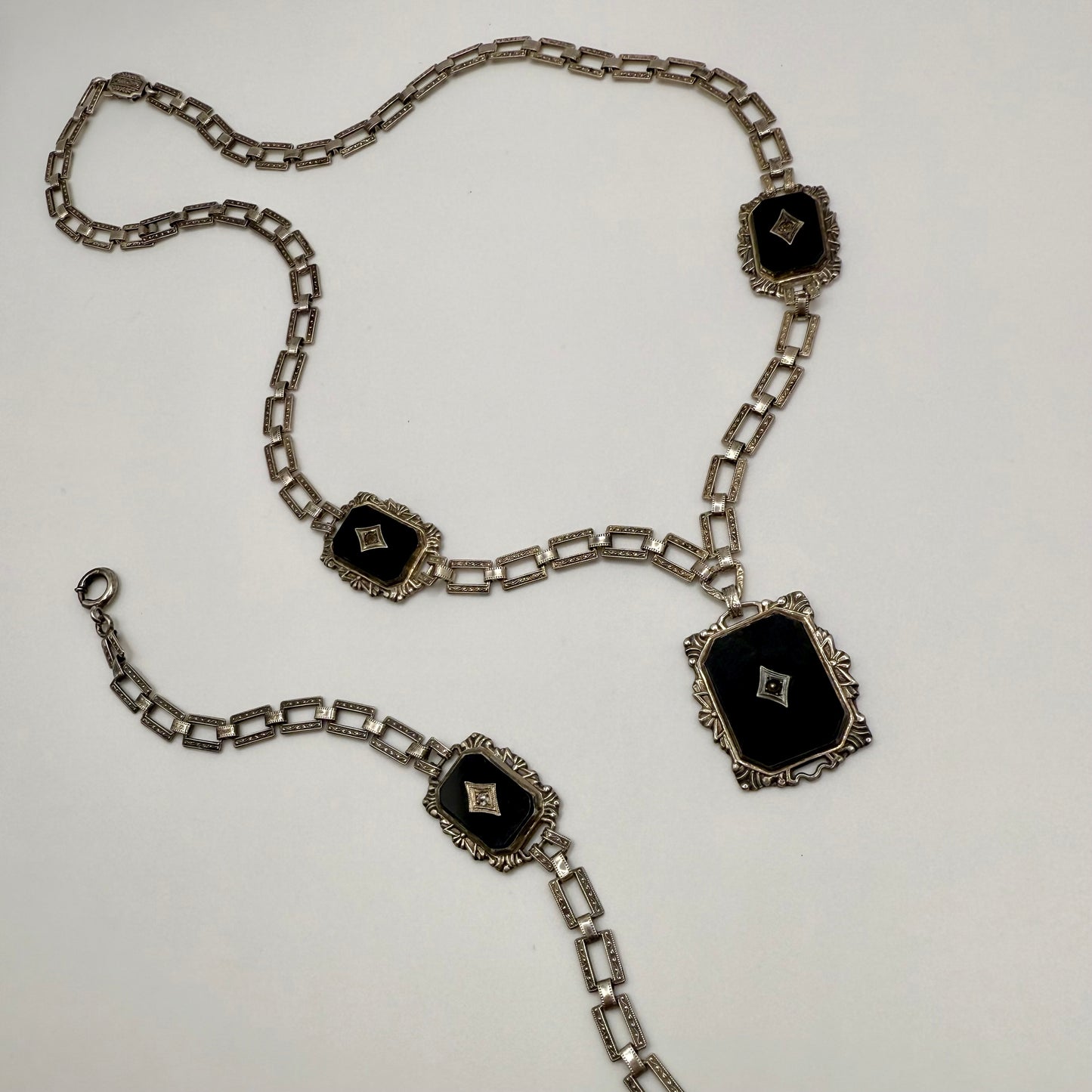 Vintage 1920's Art Deco Sterling, Onyx and Diamond Set