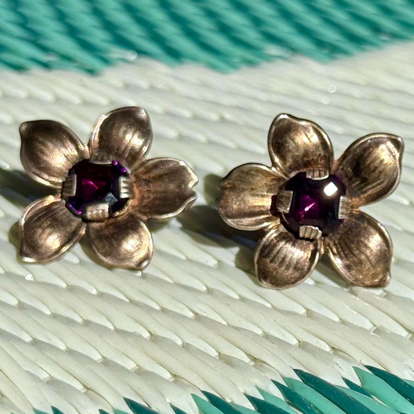 Vintage 1940's Art Deco Gold Washed Sterling Silver Floral Amethyst Earrings