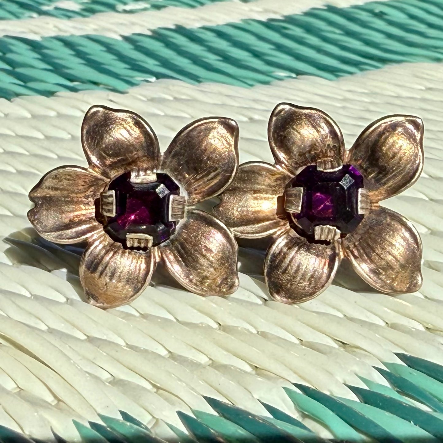 Vintage 1940's Art Deco Gold Washed Sterling Silver Floral Amethyst Earrings