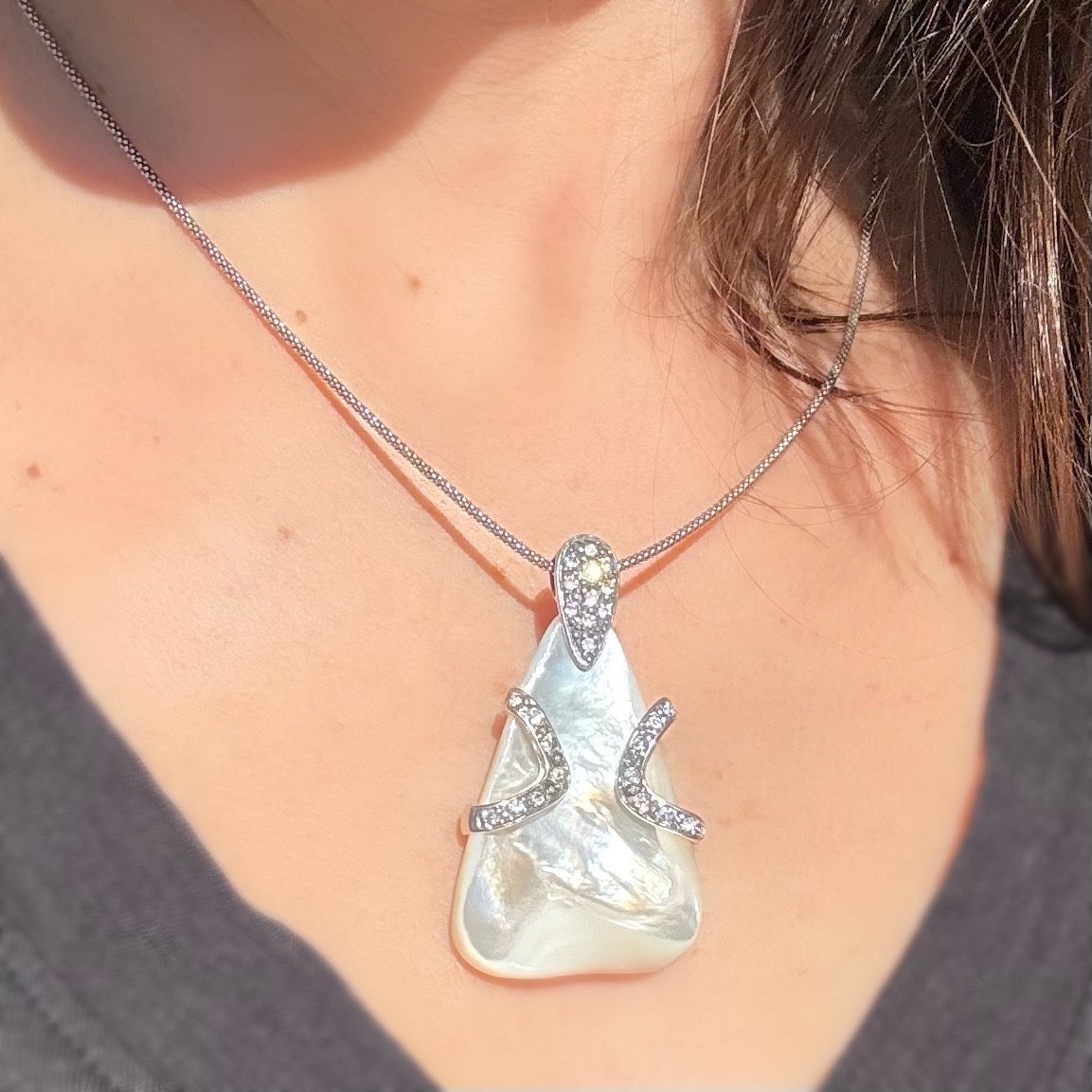 Vintage Mother of Pearl Pendant with Sterling Silver Snake Chain