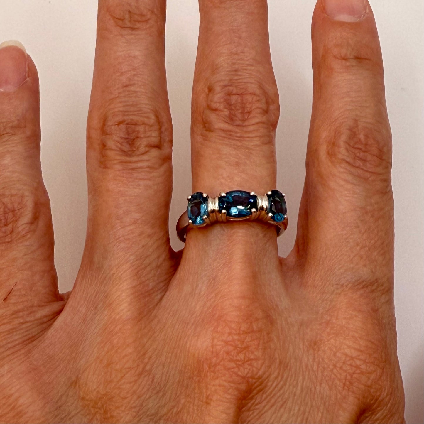 Vintage 1980s Sterling Silver & Blue Topaz Three-Stone Ring