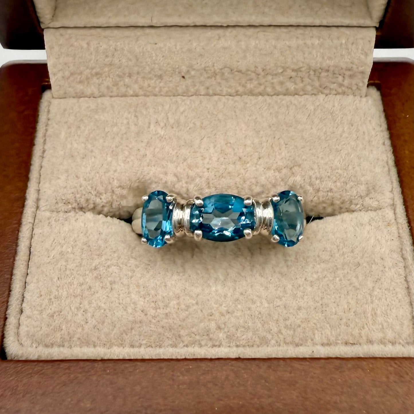 Vintage 1980s Sterling Silver & Blue Topaz Three-Stone Ring