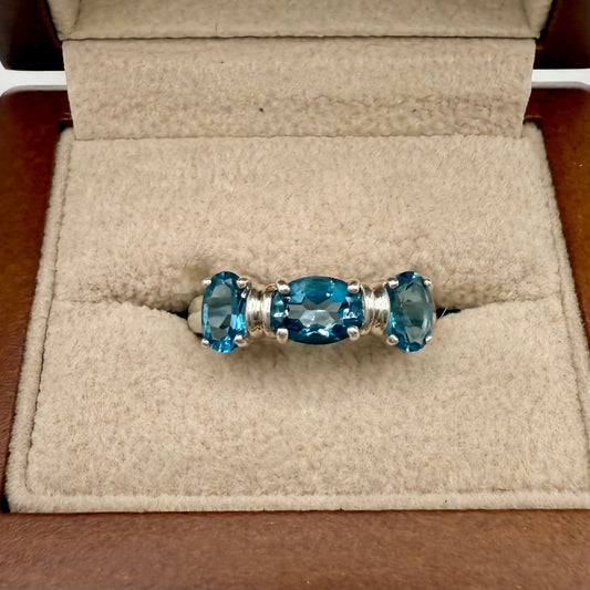 Vintage 1980s Sterling Silver & Blue Topaz Three-Stone Ring
