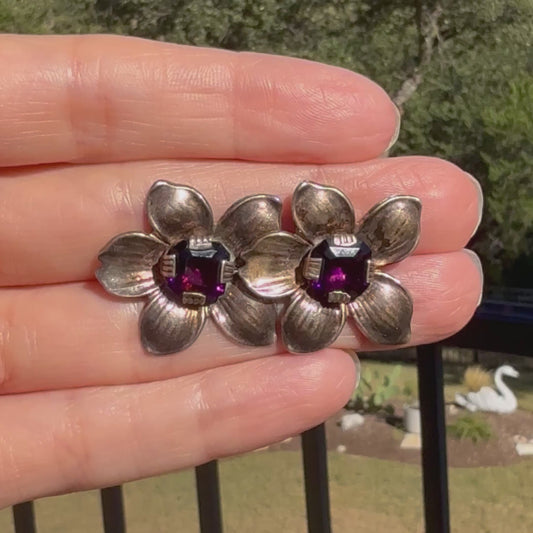 Vintage 1940's Art Deco Gold Washed Sterling Silver Floral Amethyst Earrings